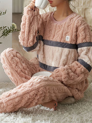 Striped Fuzzy Pajama Set Long Sleeve Crew Neck Top & Elastic Waistband Pants
