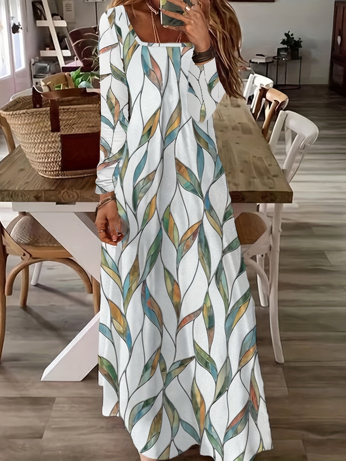 Women's Plus Leaf Print Long Sleeve Maxi Dress