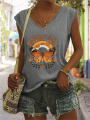 Butterfly Print Tank Top Sleeveless V Neck Casual Top