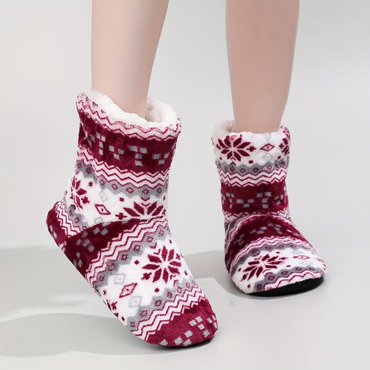 Snowflake Slipper Boots Christmas Warm & Cozy Plush Lined Indoor Fuzzy Shoes