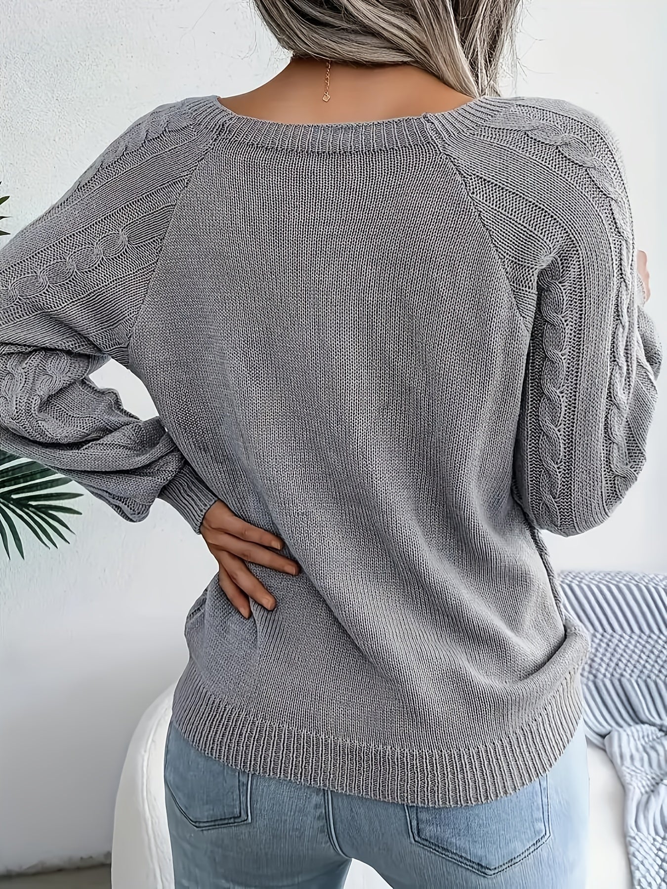  Solid Jacquard Lantern Sleeve Boat Neck Pullover Sweater