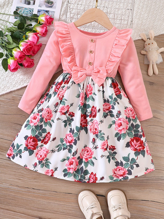 Girls' Floral Print Crewneck Long Sleeve Casual Dress