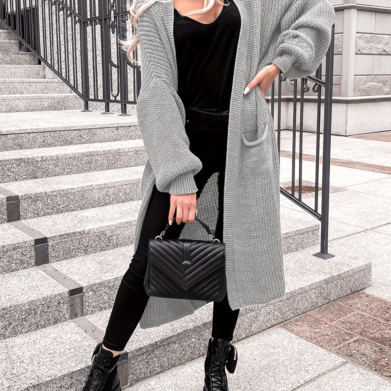  Solid Lantern Sleeve Open Front Cardigan
