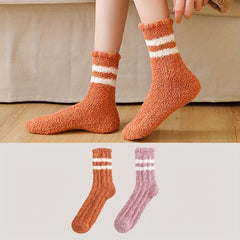 2 Pairs Striped Fuzzy Socks Comfy & Warm Mid Tube Women's Stockings