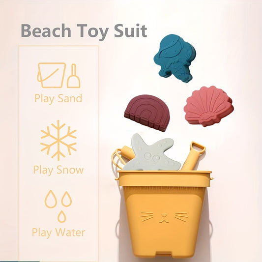 Silicone Beach Toy Set with Hand Bucket, Shovel, Molds