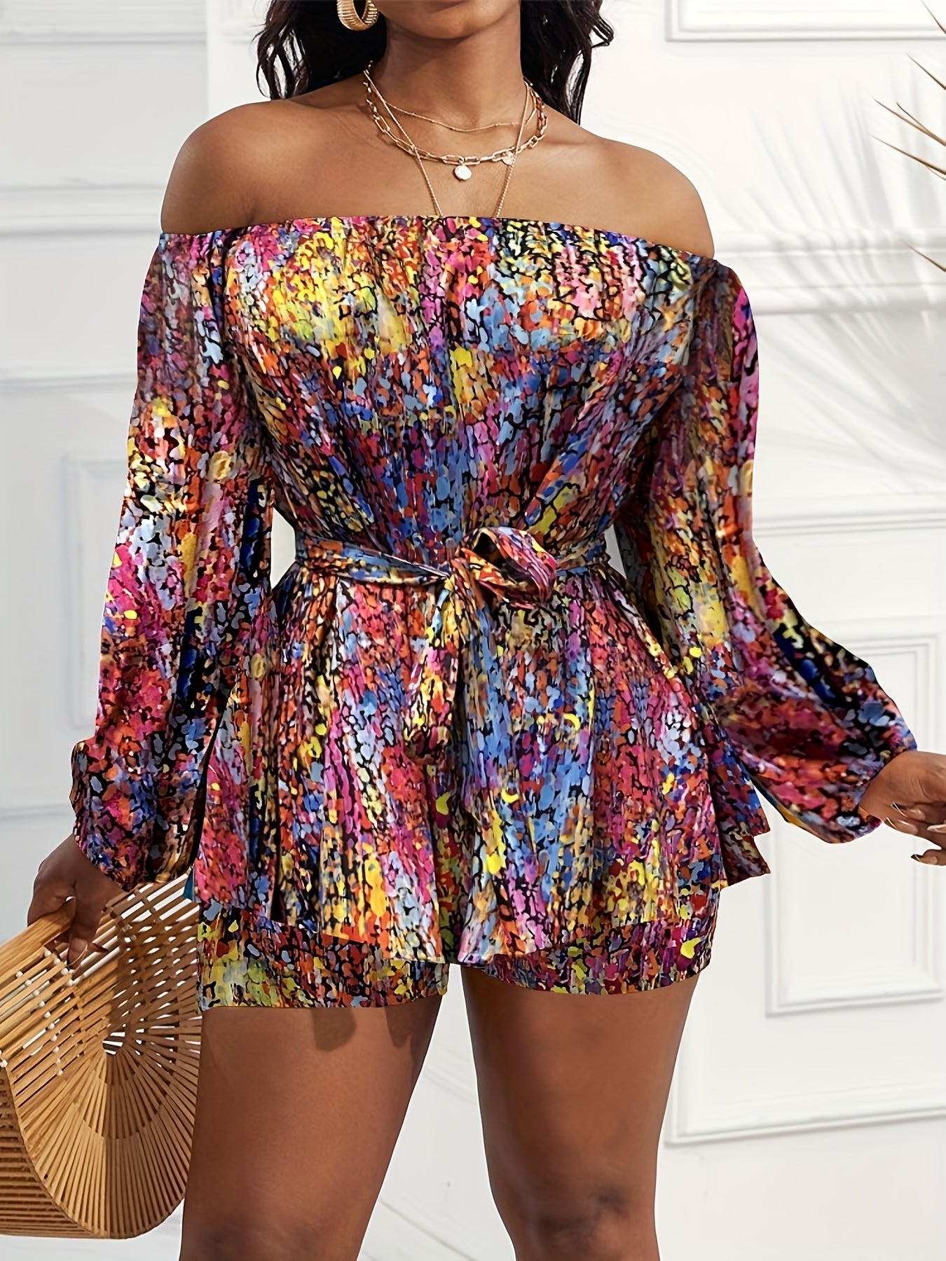  Allover Print Off Shoulder Top & Shorts Set