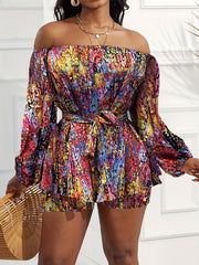  Allover Print Off Shoulder Top & Shorts Set