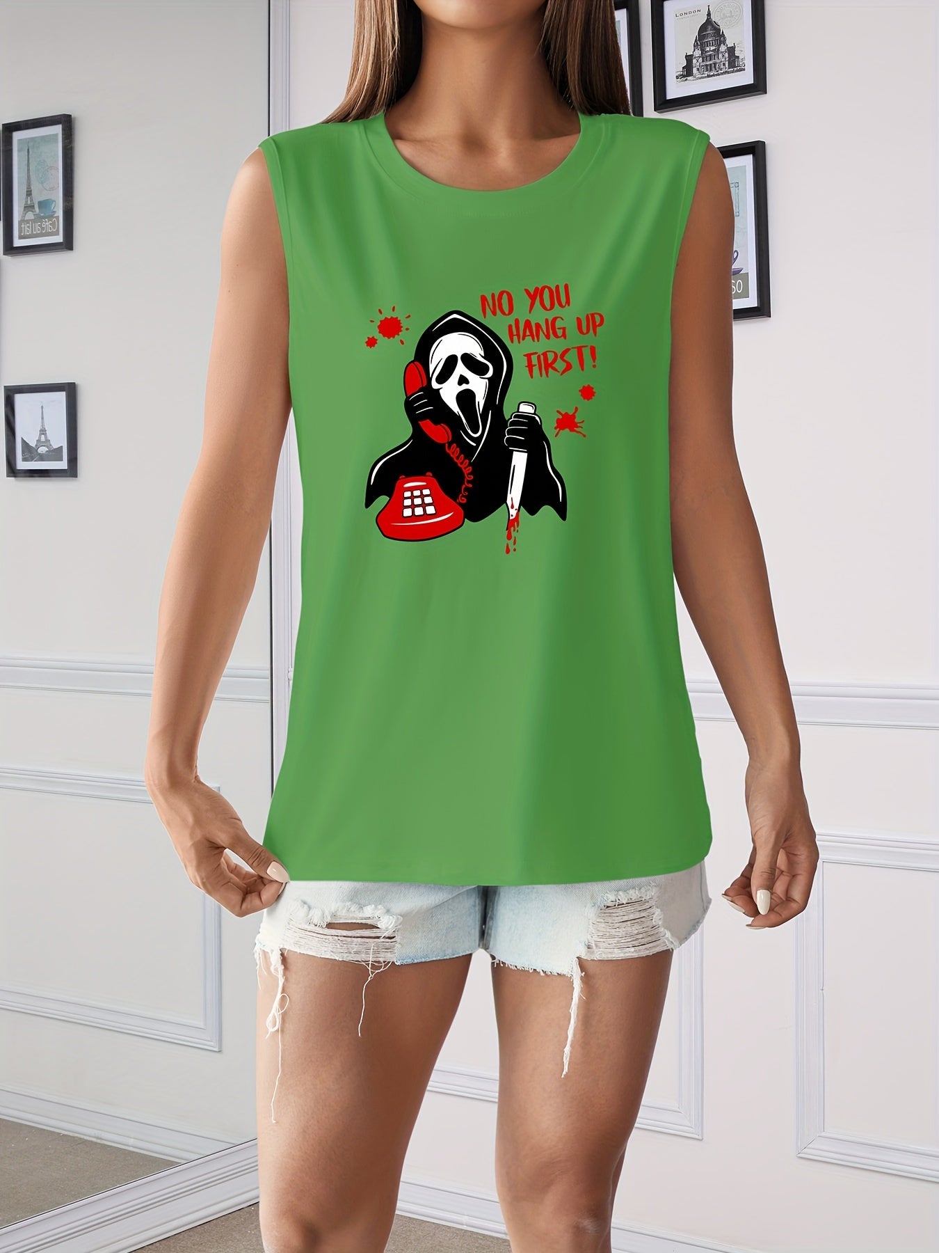Halloween Cartoon Print Tank Top Sleeveless Crew Neck Summer Top