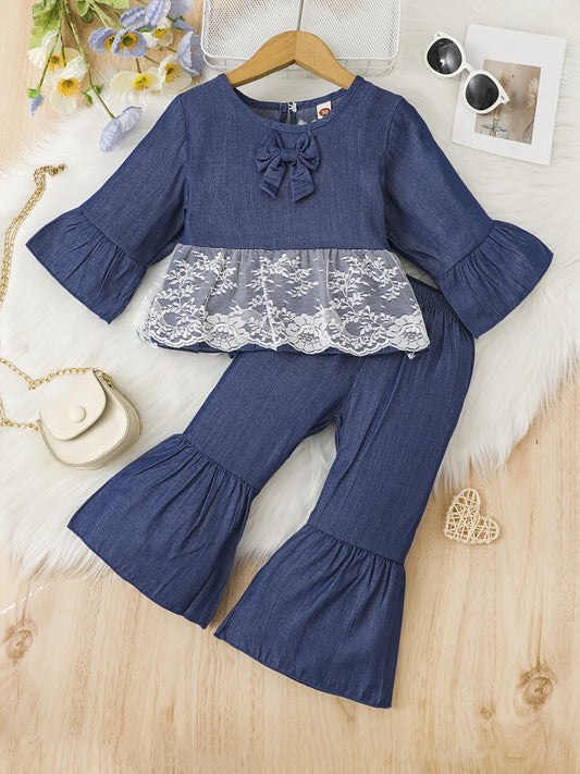 Girls Denim Lace Top & Flared Pants Set