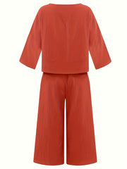 V Neck Lace Trim T shirt & Wide Leg Pants Set