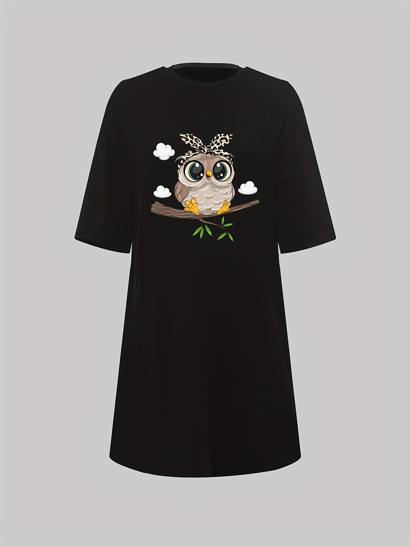  Owl Print Nightdress Short Sleeve Sleep Dress