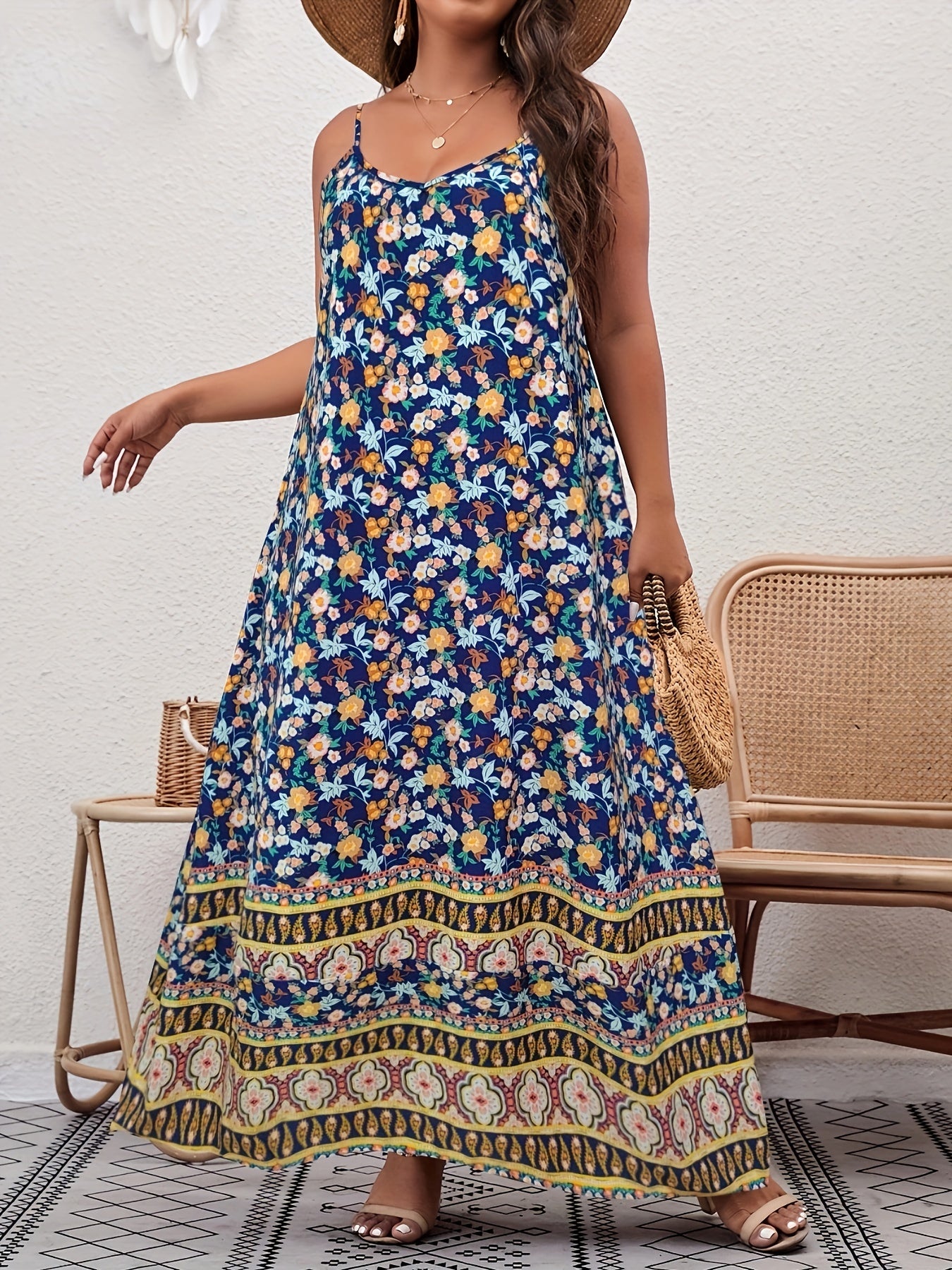  Boho Cami Dress Women's Plus Floral Print V Neck Backless Maxi