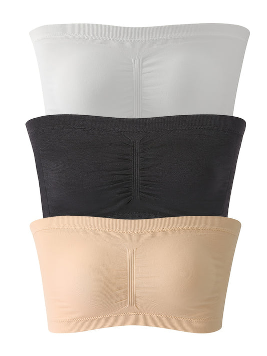 3 Pack Plus Size Ruched Seamless Strapless Bra Women's Plus Tube Top Set