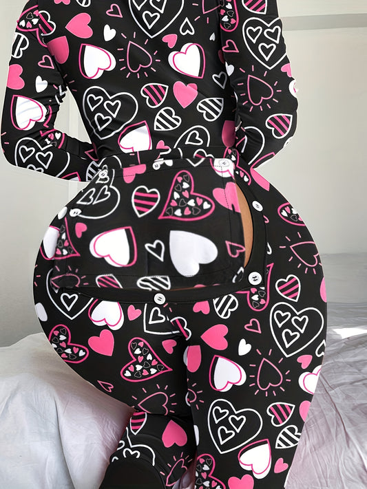 Heart Print Pajama Jumpsuit Long Sleeve V Neck Pajamas