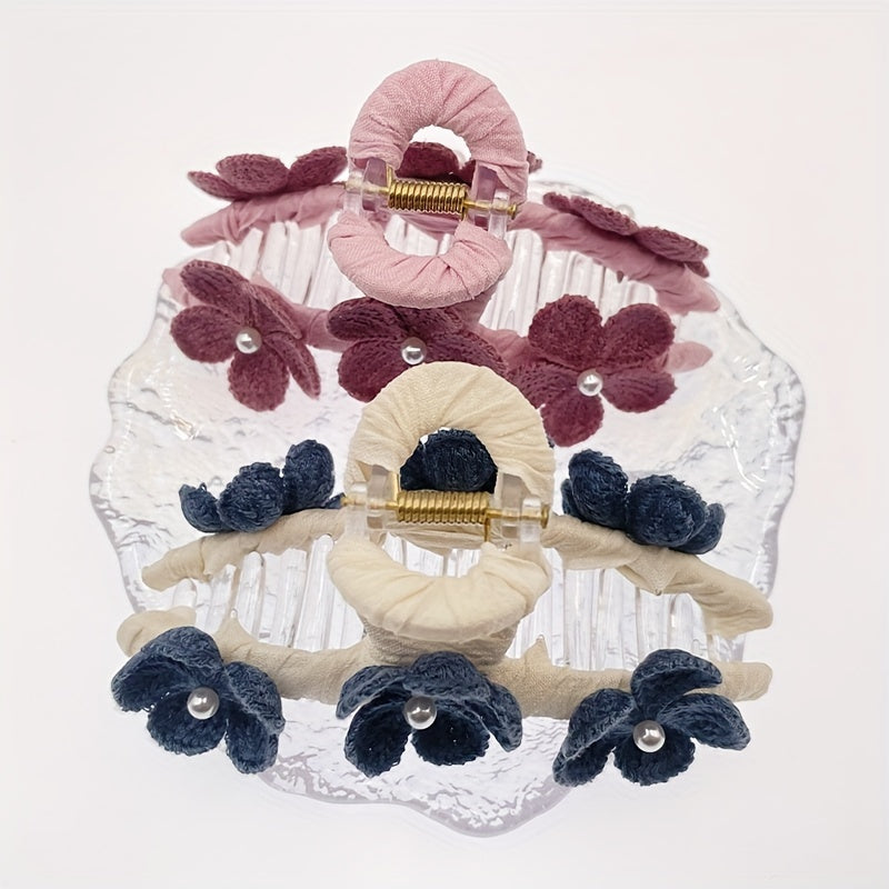 Knitted Flower Decor Hair Claw Ponytail Holder