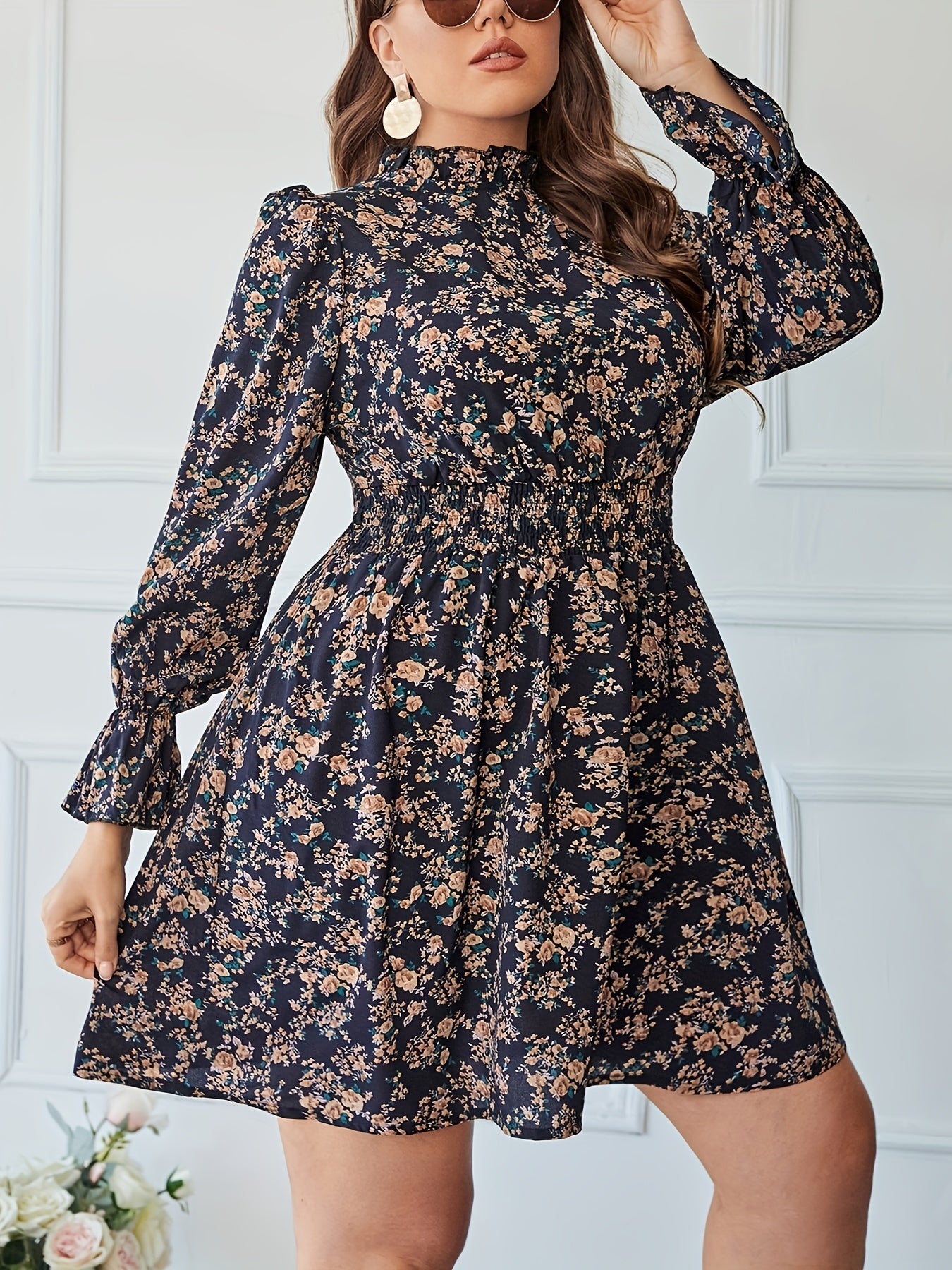  Ditsy Floral Print Flounce Sleeve Mini Dress