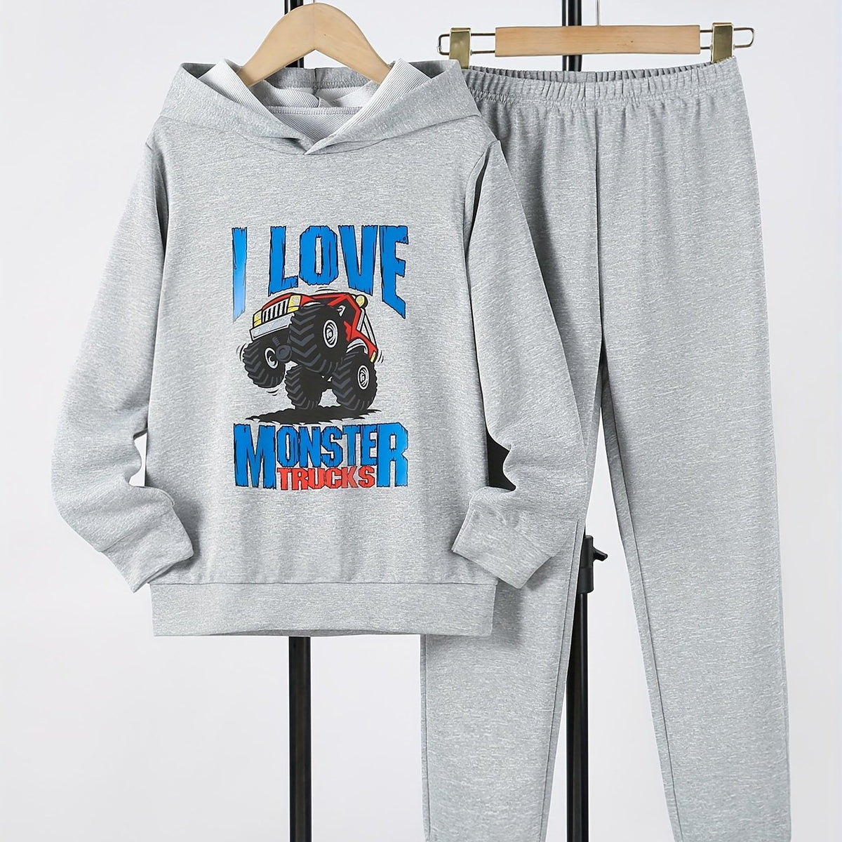 Boy's Truck Pattern 2pcs Hoodie & Sweatpants Set I LOVE MONSTER TRUCKS