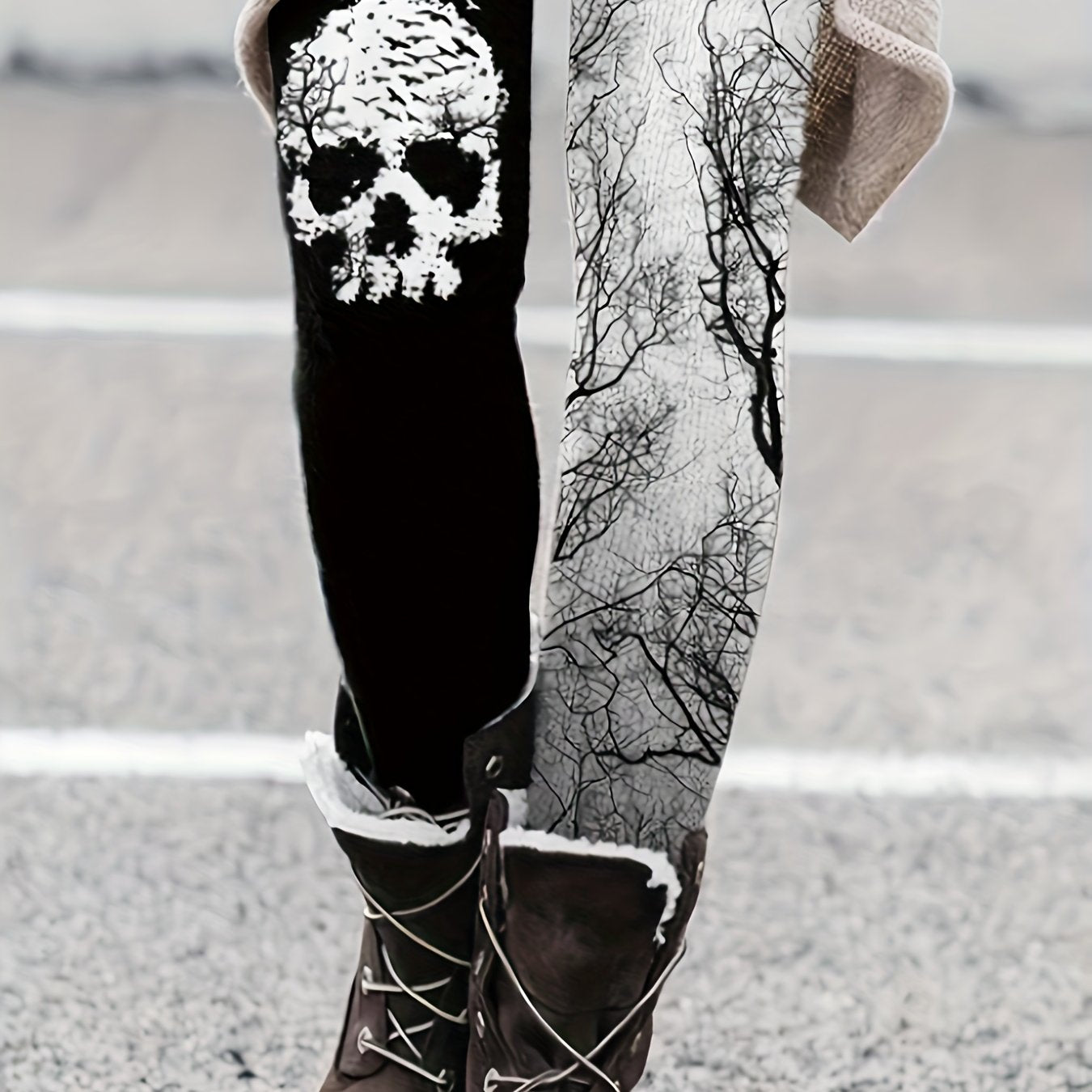  Colorblock Abstract Skull Print Skinny Trousers