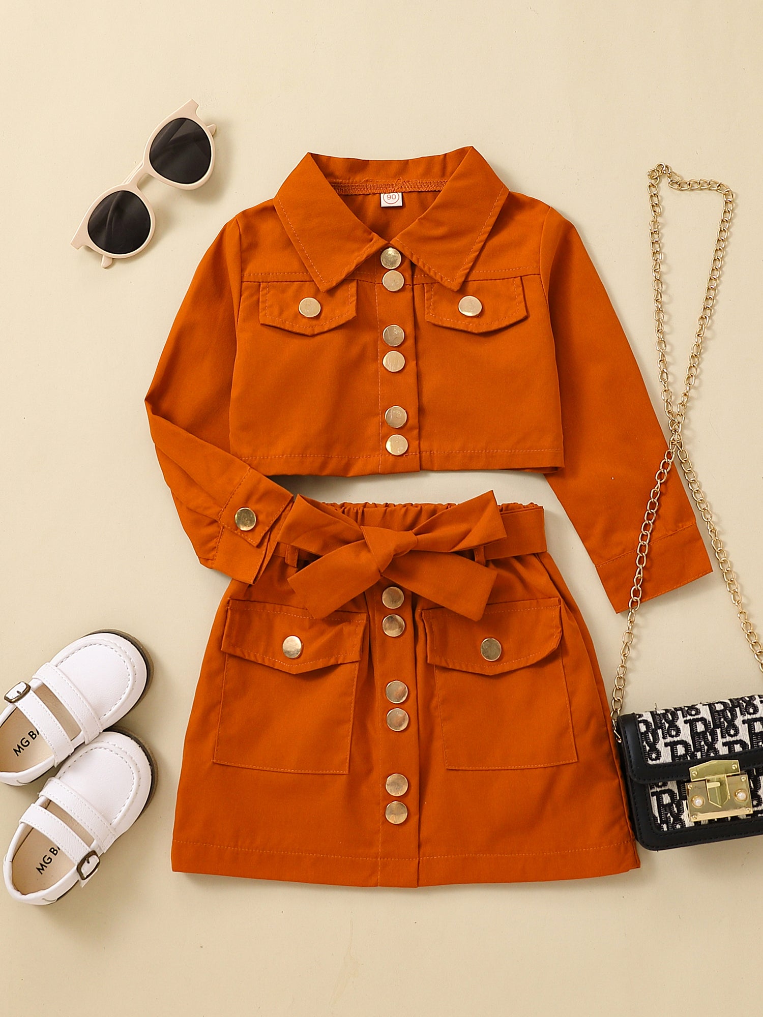 Girls Long Sleeve Top & Skirt Set with Belt