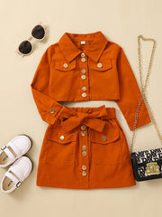 Girls Long Sleeve Top & Skirt Set with Belt