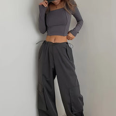  Y2K Cargo Pants Elastic Drawstring High Rise Pockets