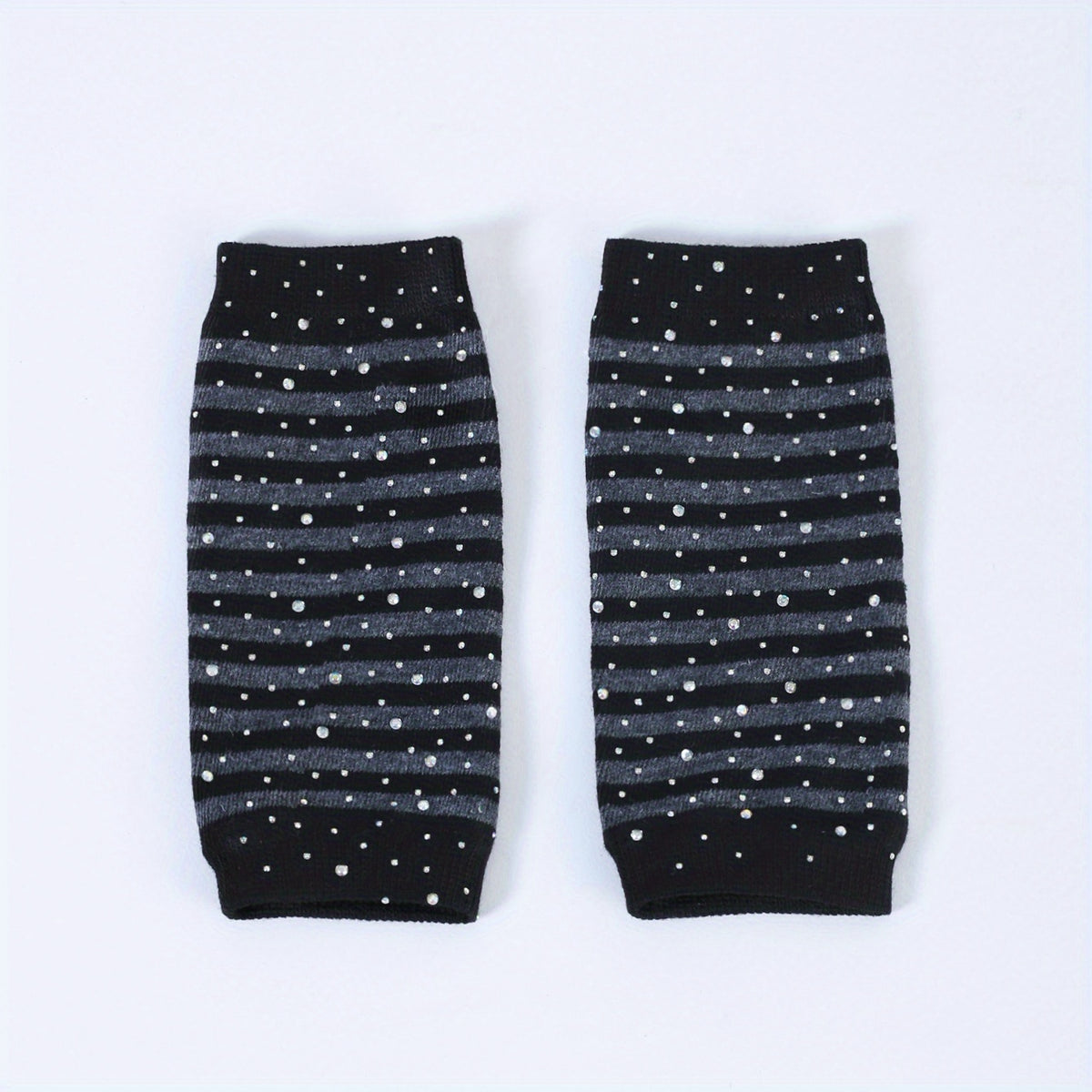 Striped Knitted Short Gloves with Rhinestone Decor