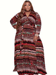 Women's Plus Tribal Print Long Sleeve V Neck Maxi Dress With Belt