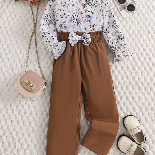 Girl's Floral Shirt & Bowknot Pants Set for Spring