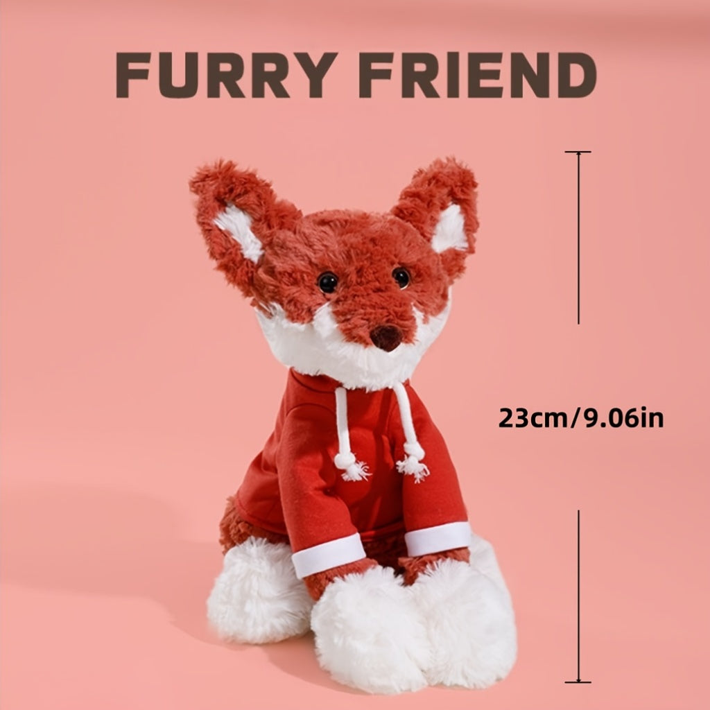 Realistic Fox Plush Toy in Red Hoodie Soft Stuffed Animal