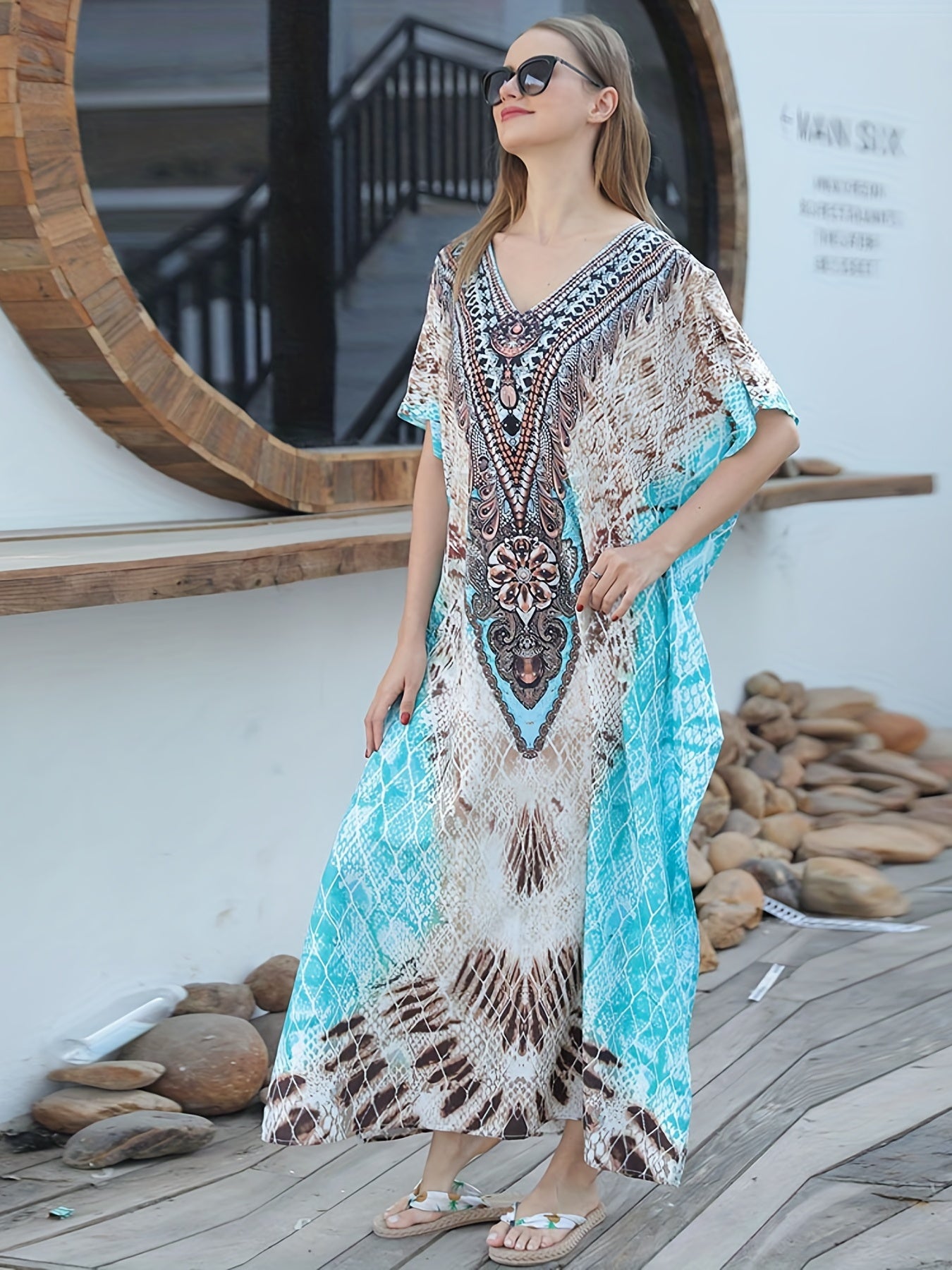  Boho Cover Up Women's V-neck Geometric Print Batwing Sleeve Split