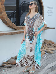  Boho Cover Up Women's V-neck Geometric Print Batwing Sleeve Split