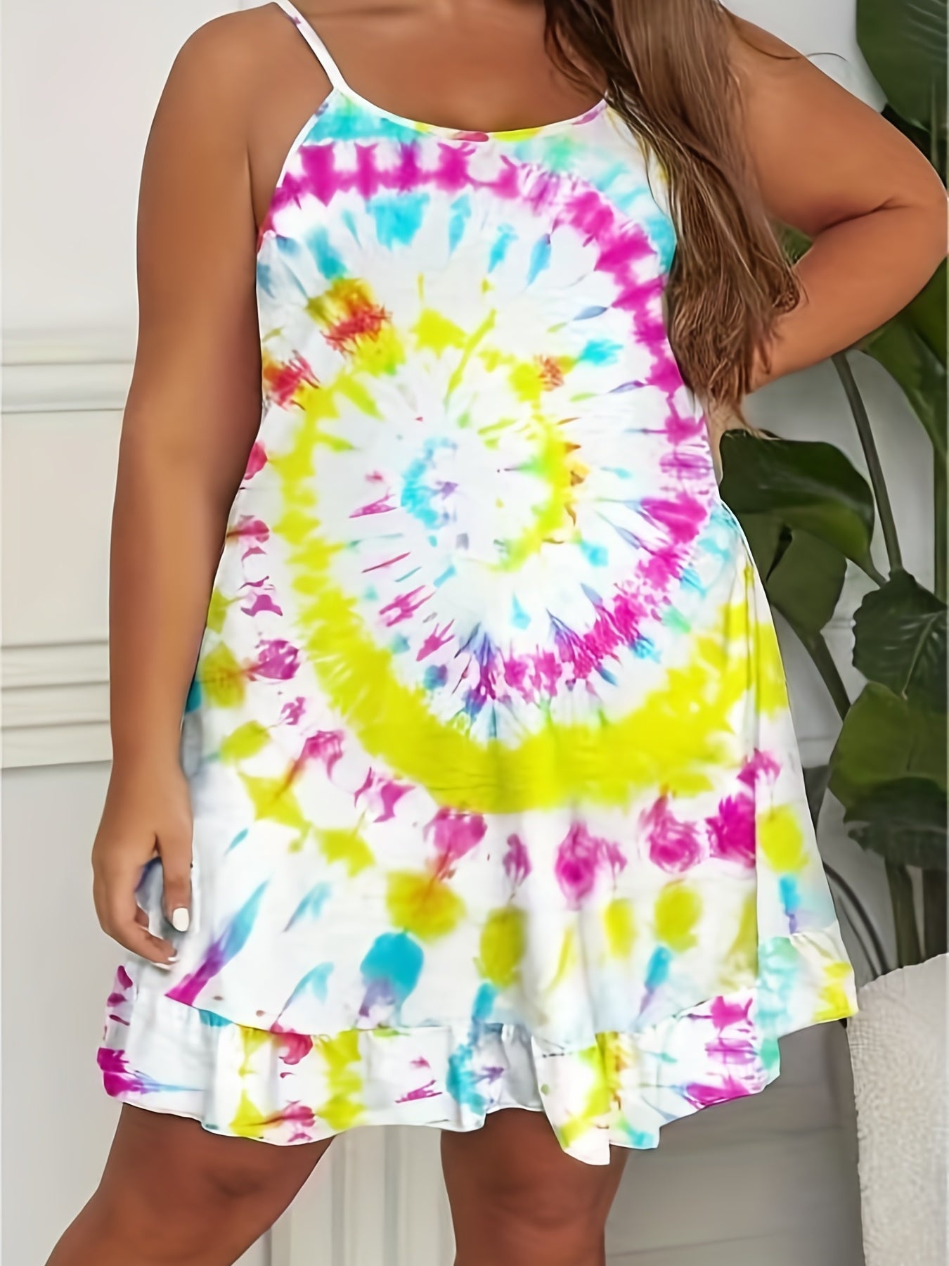  Tie Dye Round Neck Knee Length Stretch Cami Dress