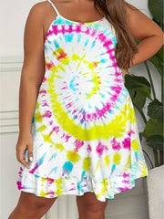  Tie Dye Round Neck Knee Length Stretch Cami Dress
