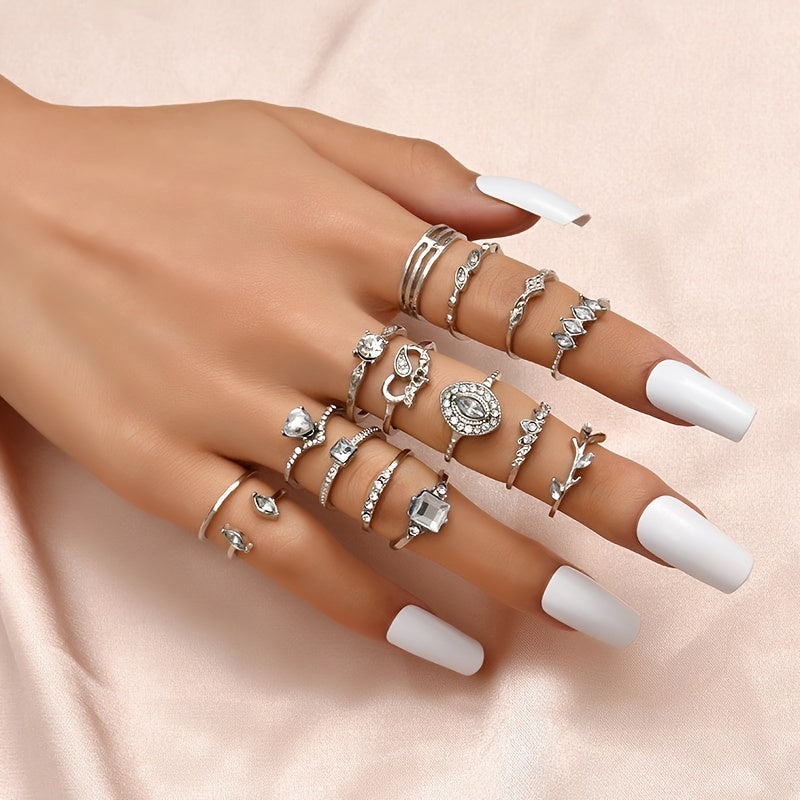 Vintage Rhinestone Stackable Ring Set for Women Girls