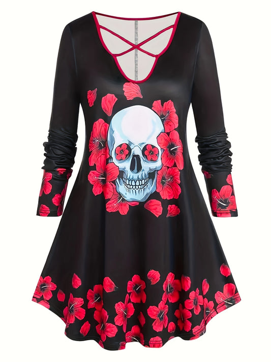  Skull & Floral Print Long Sleeve V Neck Dress