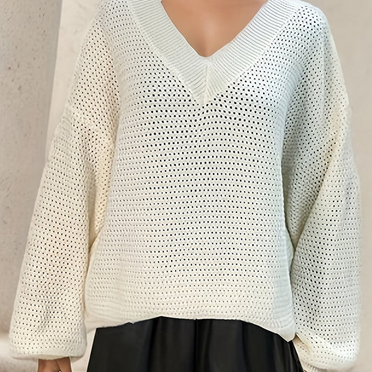  Solid Lantern Sleeve V Neck Sweater