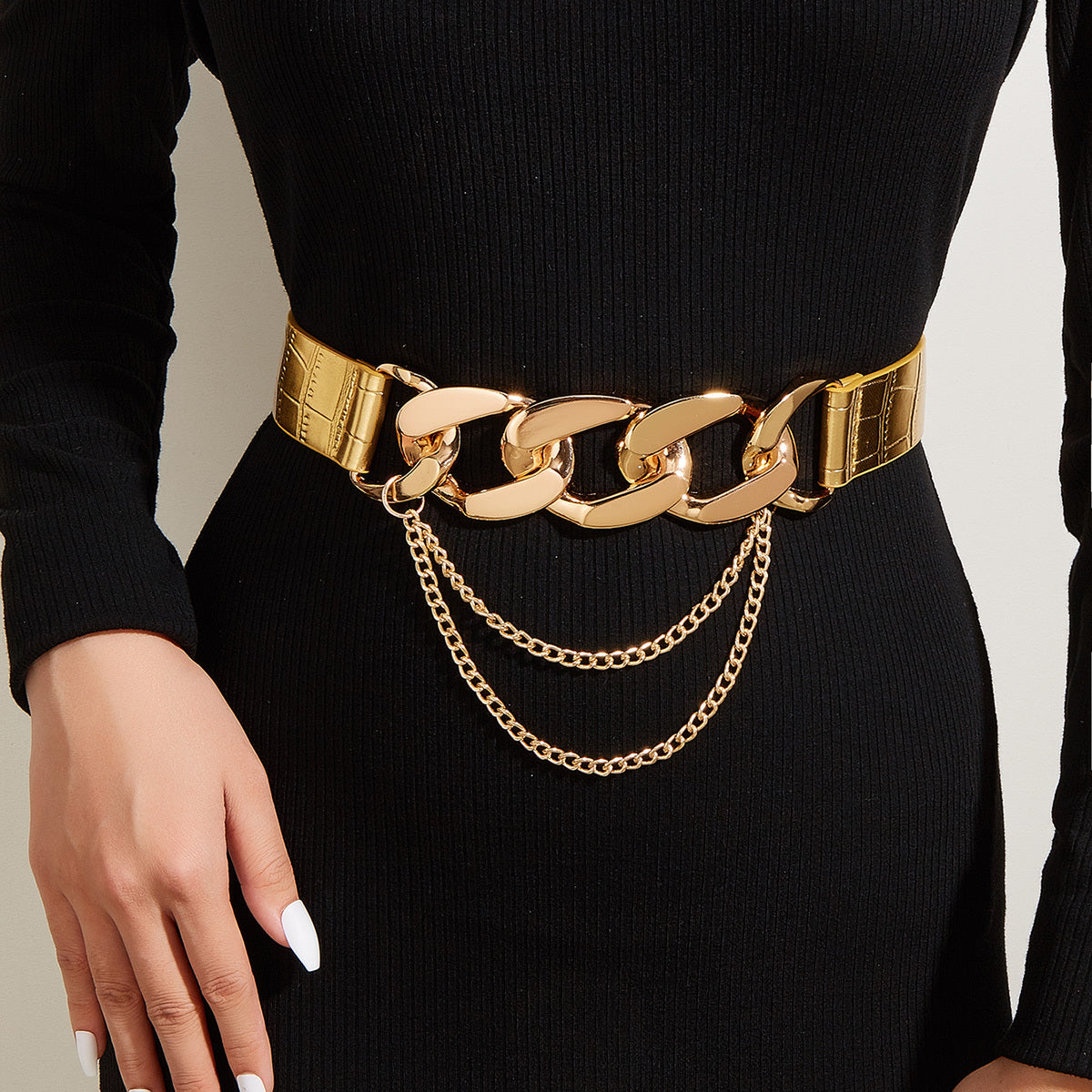 Women's Elastic Belt with Chain Decor Metal Buckle