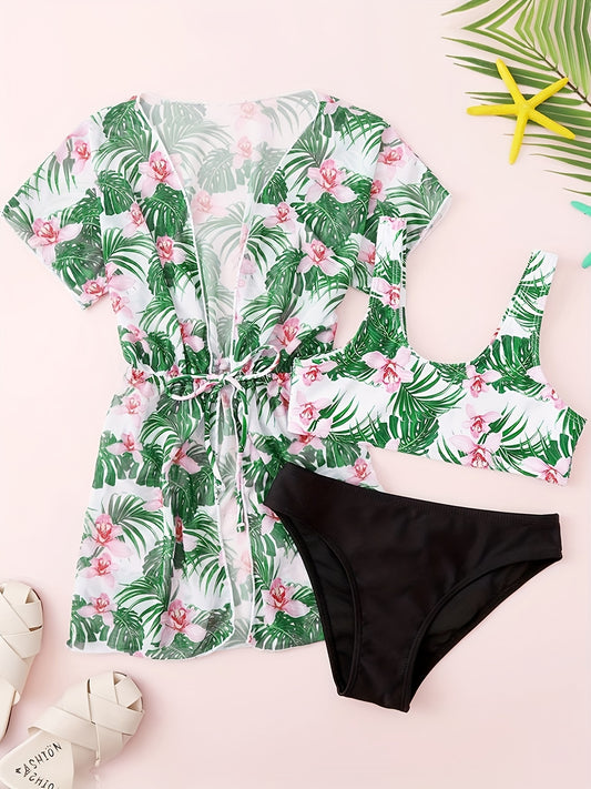 Girl's Floral Tropical Print Bikini Bathing Suit With Kimono