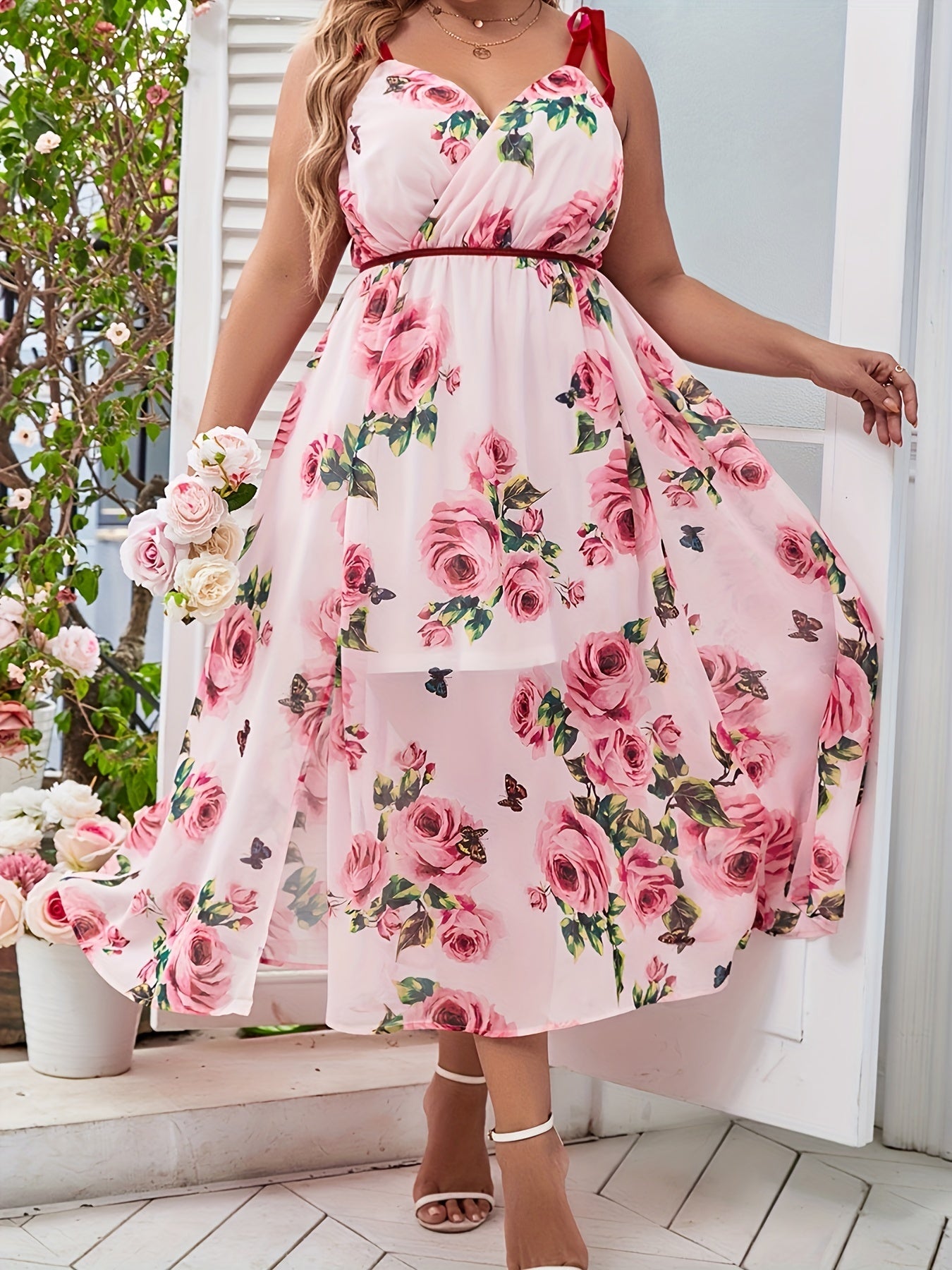  Rose Print Knot Strap Maxi Dress Women's Plus Romantic Long Dress