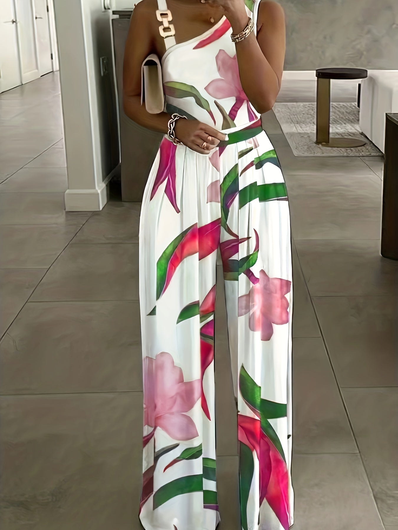 Floral Print Wide Leg Jumpsuit with Chain Straps