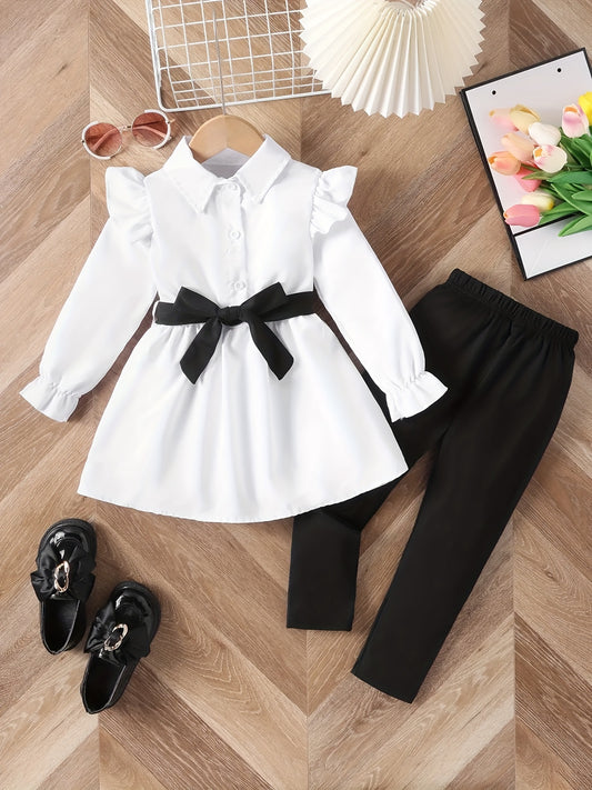 Girl's 2pcs Shirt & Pants Set Ruffle Decor Outfit For Spring Fall
