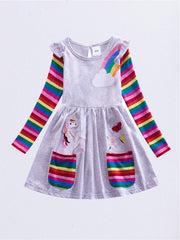 Girls Unicorn Embroidered Dress With Pockets