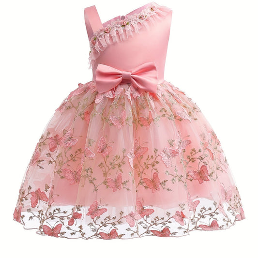 Floral Butterfly Embroidered Dress with Tulle Skirt