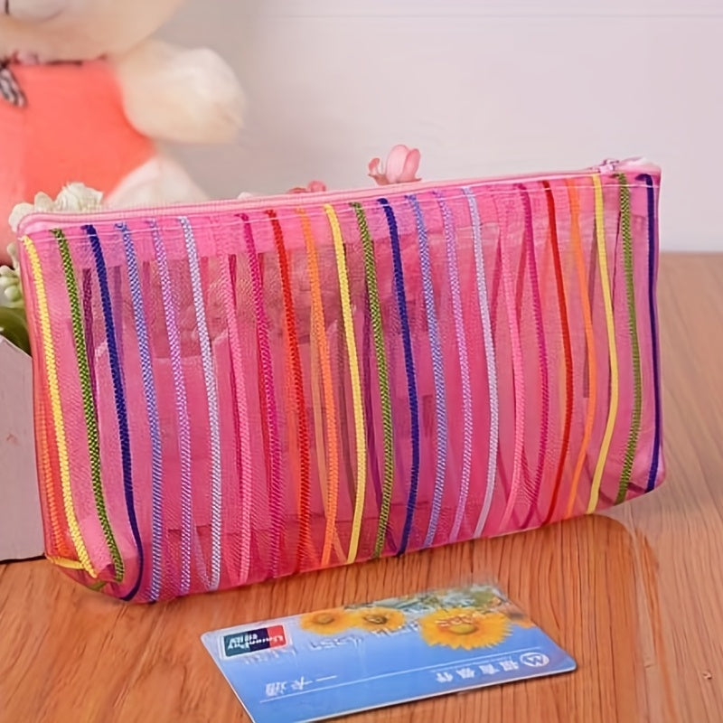 Striped Mesh Makeup Bag Travel Organizer Zipper