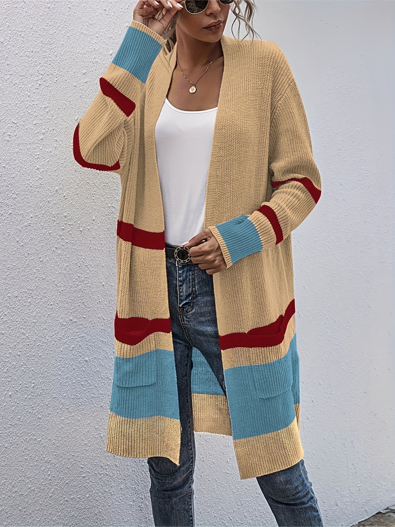  Striped Open Front Cardigan with Pockets