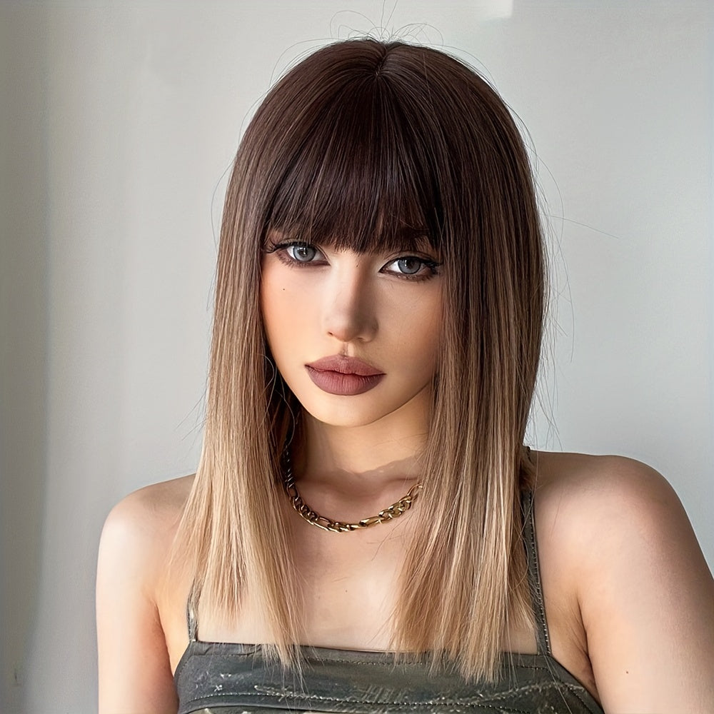 Ombre Bob Wig Straight Synthetic Hair with Bangs for Women