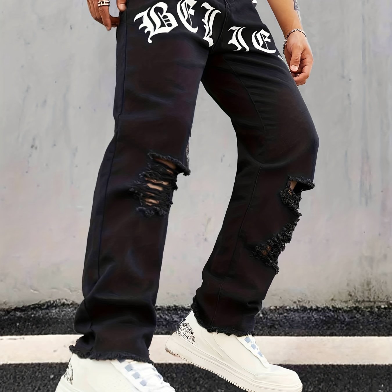 Creative Letter Print Ripped Jeans Men's Street Style Denim Pants