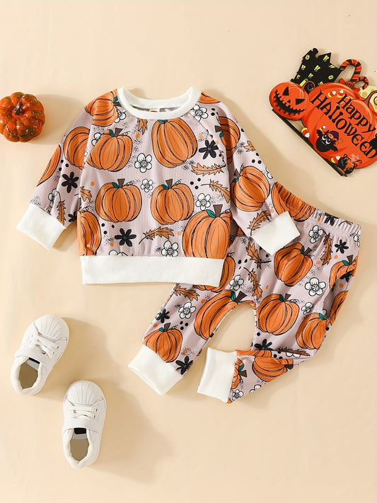 Toddler Halloween Pumpkin Print Sweatshirt and Pants Set
