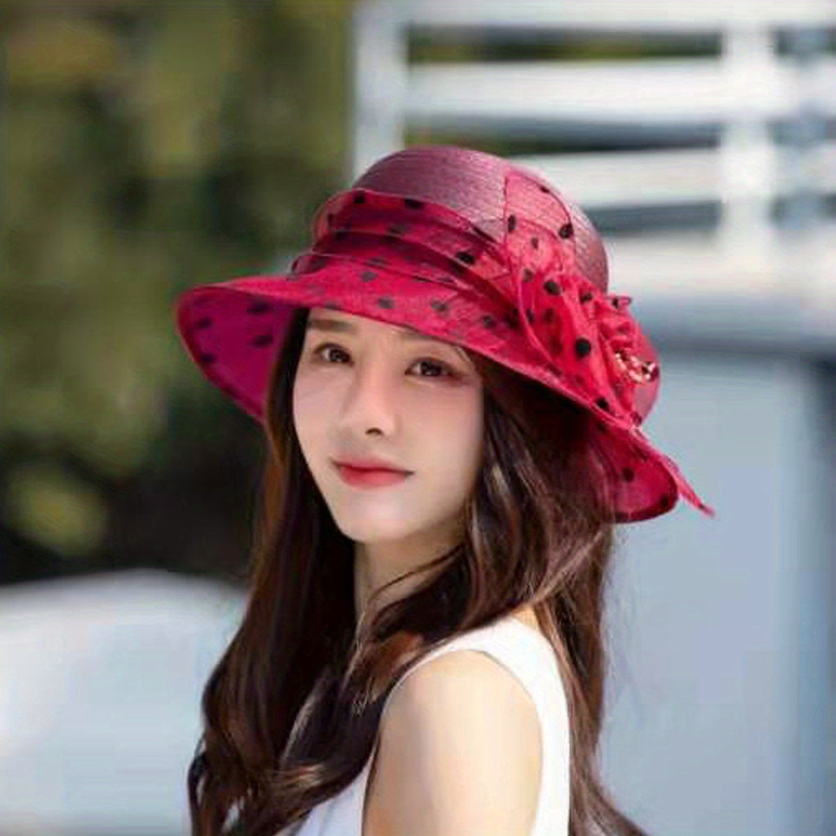 Polka Dot Flower Derby Hat Stitching Sun Hat Lightweight Mesh Bucket Hat