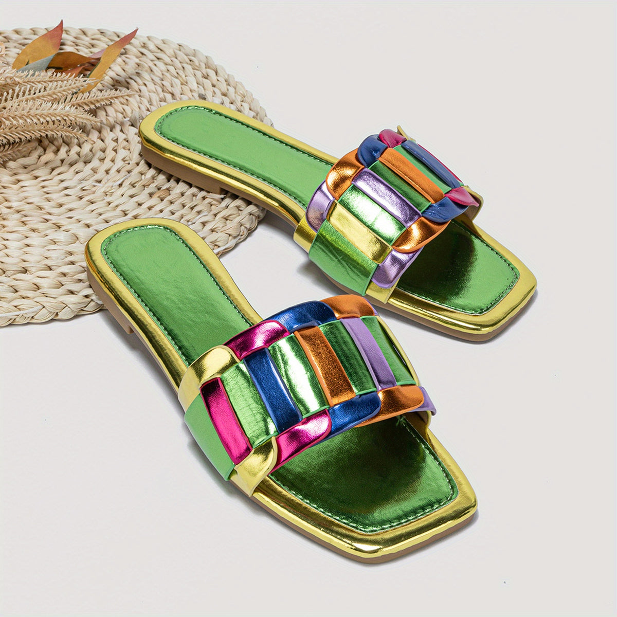 Women's Strappy Back Slide Sandals Slip On Flat Shoes Lightweight Square Toe